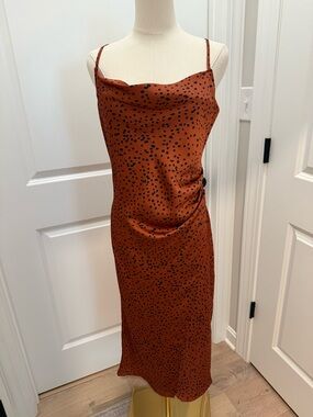 Rust Brown Slip Dress with Black Dot Print